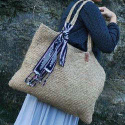 Handmade Large jute crochet tote bag | jute summer crochet bag | Jute crochet shoulder bag | large market reusable bag