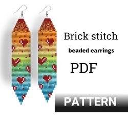 Heart Earring pattern for beading - Brick stitch pattern for beaded fringe earrings - Instant download. Valentines day