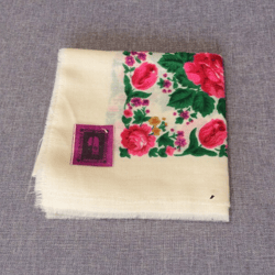 White patterned light wool scarf, floral vintage Soviet Ukraine Kiev babushka shawl