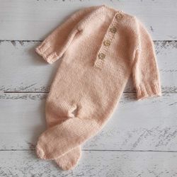 Peach pink fluffy bonnet, romper, wrap. Newborn photo props