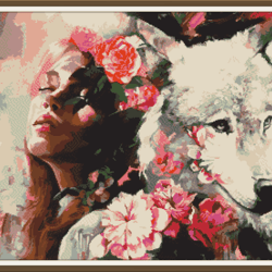 PDF Cross Stitch Pattern - Fantasy - Woman and White Wolf 001
