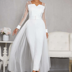 Solid Notched Neck Long Sleeve Pearl Waist Jumpsuit With Mesh Skirt 3 Colors
