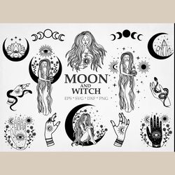 Priestess, Witch, SVG, mystical moon, Moon phases svg, Silhouette of a girl, cutout silhouette svg file