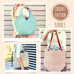 3 Crochet Bag Patterns Bundle, Tote bag DIY, Beach Bag, Shopping bag, Shoulder bag, gift for mom DIY handmade bag
