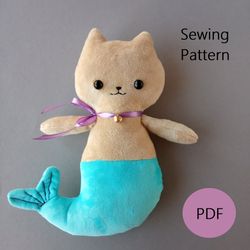 Mermaid Cat Doll Pattern PDF, Cute Plushie Sewing Pattern Printable