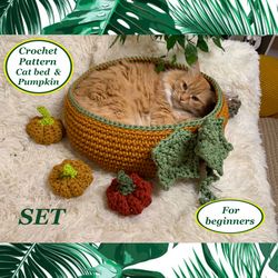 Pattern SET crochet pet bed and halloween pumpkin Digital instruction in PDF format with photo Crochet cat furniture