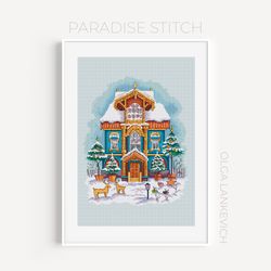 Blue House cross stitch pattern PDF and Saga