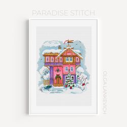 Pink House cross stitch pattern PDF and Saga