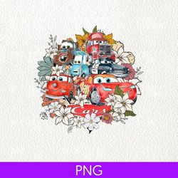 retro disney pixar cars characters group shot floral mc queen mater png, disneyland png, disney family trip, disney cars