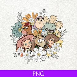 floral toy story characters png, disney toy story png, toy story characters png, buzz lightyear, woody, jessie trip png