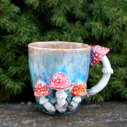 Forest mug Fly agaric mushrooms figurines Handmade ceramic art mug Natural style Blue beautiful cup magic mushrooms