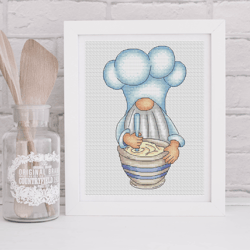 Cute chef gnome cross stitch pattern PDF, food cross stitch, cooking gnome, kitchen decor, kitchen cross stitch pattern