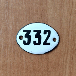 Small vintage enamel metal number sign 332 apartment door plaque black white