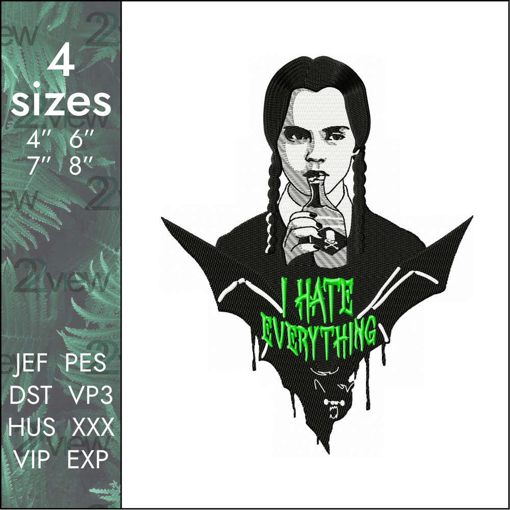 wednesday addams hates everything machine embroidery design