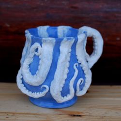 Octopus mug Surprise cup Octopus tentacles Handmade blue white porcelain cup Unusual sculpture mug Beautiful art mug