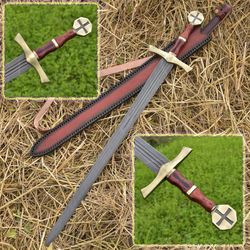 Holy Knight Descendant Damascus Steel Templar Sword - Collectible Hand For