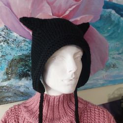 Kitty Hat with Ears Hand Knitted Adult Bonnet for Women Crochet Cat Ear Hat Black Wool Hat Hood with Ties