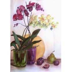 Author's oil painting "Plums and orchids". Original Art. Fruit and Flower Wall Art.