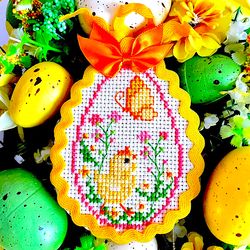 A CHICKEN AND a BUTTERFLY EASTER EGG Ornament cross stitch pattern PDF by CrossStitchingForFun Instant Download