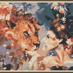 pdf cross stitch pattern - fantasy - woman and leo 002