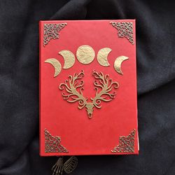 Old witchcraft book Triple moon Custom grimoire large red Antique spell book beginner Grimorie starters journal