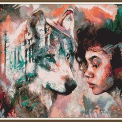 pdf cross stitch pattern - fantasy - woman and wolf 008