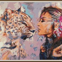 PDF Cross Stitch Pattern - Fantasy - Woman and Leopard 004