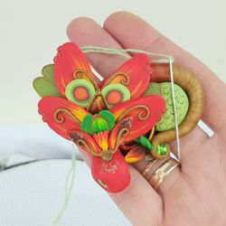 Dragon Avocado Needle Minder for Fairy Cross Stitch Polymer Clay Dragon Red Green Magnetic Cover Minder for Embroidary