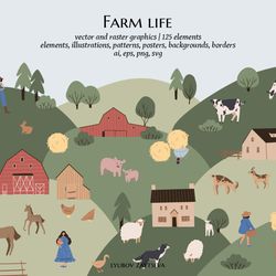 farm animals clipart, farm life svg png ai illustrations, farmhouse background png, cartoon characters flat vector style