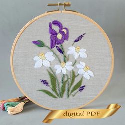 Irises and daffodils pattern pdf embroidery, Easy embroidery DIY