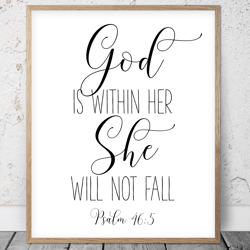 God Is Within Her She Will Not Fall, Psalm 46:5, Bible Verse Printable Wall Art, Scripture Prints, Christian Gifts Girl