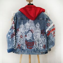 Designer art Russia Matryoshka, hand painted jacket, unisex clothing, fabric painted denim clothes, custom clothing