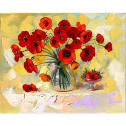 Poppy Painting Flower Original Art Floral Artwork Still Life Wall Art Impasto Oil Painting 16 by 20 inches