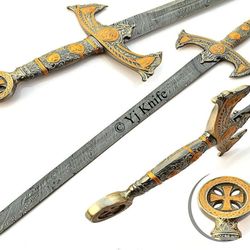 hand forged, damascus steel functional sword 32 inches, templar knights sacred holy, swords battle ready, with sheath
