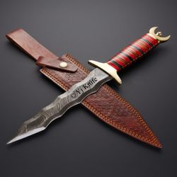 Custom Hand Forged, Damascus Steel Functional Dagger 15 inches, Kris Blade, Flamberge Daggers Battle Ready, With Sheath,