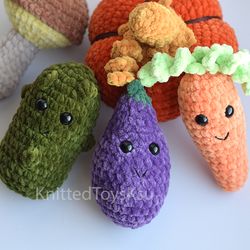 vegetables play set of 3 toys, play food plushies for toddler , eggplant gift, toy pickle lover gift, carrot stress toy