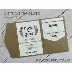 DIY classic 5x7 pocket wedding invitation template svg tri fold (cdr, ai, dxf, pdf), Simple pocket envelope laser cut