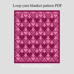 Loop yarn Finger knitted Hearts Mosaic blanket pattern PDF Download