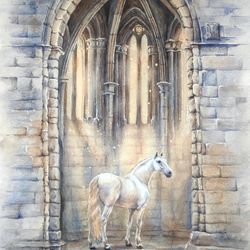 white horse painting, original watercolor painting, white horse watercolor, stallion drawing, old castle painting