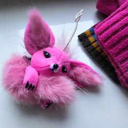 Miniature pink Fennec Fox, fabric keychain ,kawaii fox, fox plush