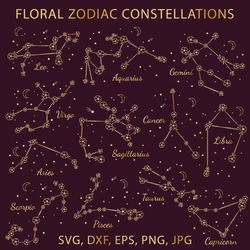 floral zodiac constellations bundle in black, white and gold in eps, svg, dxf, png, jpg formats, zodiac, horoscope