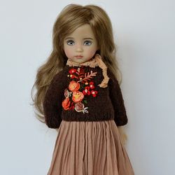 Little Darling Doll Braun Embroidered Sweater, Cotton Skirt. Free Shipping