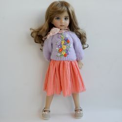 Little Darling Doll  Lilac Embroidered Sweater, Cotton Skirt. Free Shipping