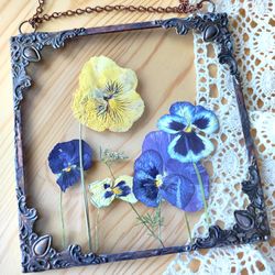Viola in glass Pressed Flower in glass flower painting DIY Vintage Pressed flower frame Vintage Pressed Flowers in Glass