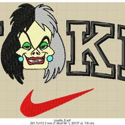 Nike and Cruella embroidery design