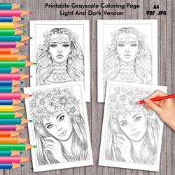 Coloring Page with Grayscale Portrait of Beautiful Woman with Flowers For Kids and Adults . Flower Woman Coloring Page