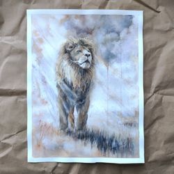 Lion painting lion original watercolor drawing lion watercolor beige painting african landscape animal wall decor DIY