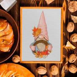 fall gnome, cross stitch pattern, modern cross stitch, thanksgiving gnome, autumn cross stitch