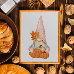 fall gnome, cross stitch pattern, modern cross stitch, thanksgiving gnome, autumn cross stitch, pumpkins cross stitch