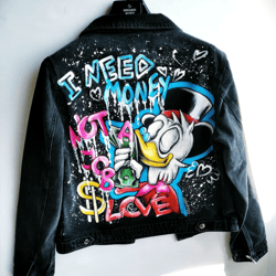 Hand painted jacket black, disney jean jacket, custom denim clothing, designer art, unisex jacket painting